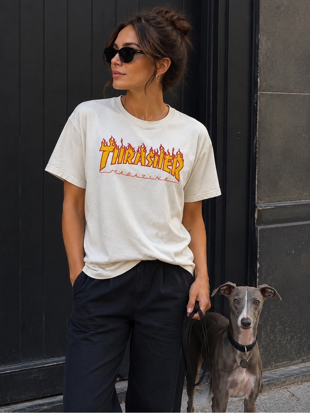 Thrasher Cream Tee with Yellow & Red Flame Logo